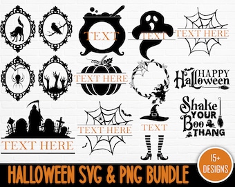 May include: A set of 15 Halloween SVG and PNG designs. The designs include a black cat, a spider, a witch's hat, a cauldron, a ghost, a pumpkin, a wreath, a spiderweb, a graveyard, and a text box that says "Happy Halloween".
