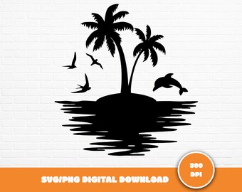 May include: Black silhouette of two palm trees on an island with a dolphin jumping out of the water. Three birds are flying above the island.
