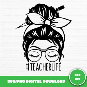 Puede incluir: Ilustraci&oacute;n en blanco y negro de una mujer con un mo&ntilde;o desordenado, usando gafas y un lazo. El texto "#TEACHERLIFE" est&aacute; debajo de la imagen.