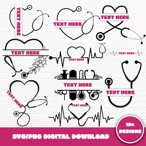 Stethoscope Split Monogram SVG Bundle, Hand Drawn Nurse SVG, Stethoscope Heart, Floral SVG, Doctor Svg Cut File, Nurse Clipart