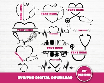Puede incluir: Un conjunto de más de 10 diseños SVG en blanco y negro con un estetoscopio y formas de corazón. Los diseños incluyen variaciones del estetoscopio con un corazón, un corazón con una división para texto y una línea de latido del corazón. El texto "TEXT HERE" está incluido en los diseños.