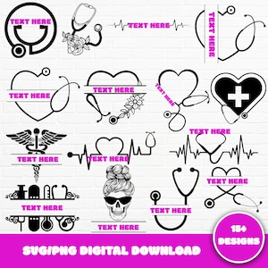 Stethoscope Split Monogram SVG Bundle, Hand Drawn Nurse SVG, Stethoscope Heart, Floral SVG, Doctor Svg Cut File, Nurse Clipart