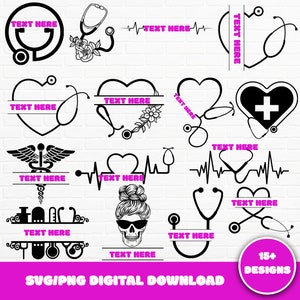 Stethoscope Split Monogram SVG Bundle, Hand Drawn Nurse SVG, Stethoscope Heart, Floral SVG, Doctor Svg Cut File, Nurse Clipart