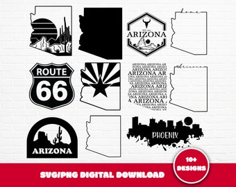 Puede incluir: Un conjunto de más de 10 diseños SVG en blanco y negro con varios gráficos de temática de Arizona, que incluyen el contorno del estado, la Ruta 66, un cactus y la palabra "Arizona".