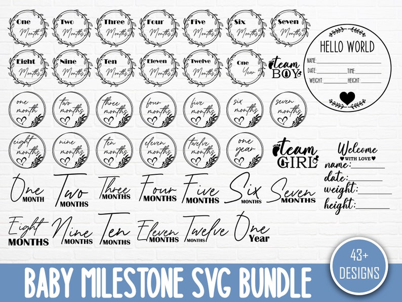 Pu&ograve; includere: Design SVG in bianco e nero per i traguardi del bambino. I design includono ghirlande con numeri e testo per ogni mese, oltre a design "Team Boy" e "Team Girl". Ci sono anche due design vuoti per registrare il nome, la data, il peso e l'altezza del bambino.