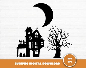 Haunted House SVG: Halloween Moon & Tree Cut Files (PNG, SVG)