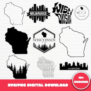 Wisconsin SVG bundel, Wisconsin State SVG, Milwaukee Svg, Madison Svg, Clipart Cut File, WI Svg, Afdrukbare Vector Digitale Download