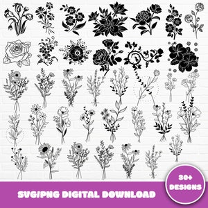 Bouquet SVG Bundle, Flowers SVG PNG Hand Drawn, Floral Svg, Wildflowers Svg, Minimalist Bouquet Svg, Botanical Svg, Field Plants Svg