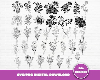Bouquet SVG Bundle, Flowers SVG PNG Hand Drawn, Floral Svg, Wildflowers Svg, Minimalist Bouquet Svg, Botanical Svg, Field Plants Svg