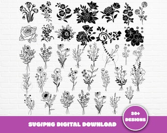 Floral Bouquet SVG Bundle: Hand-Drawn Wildflowers (Digital Download)