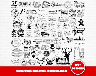 Puede incluir: Una descarga digital en blanco y negro de más de 100 diseños navideños en SVG y PNG. Los diseños incluyen frases como "All I Want for Christmas is Booze", "Baby it's Cold Outside", "Believe", "Cookie Crew", "Daddy Claus", "Dear Santa Wine", "Deck the Halls", "But First, Eggnog", "I Put Out for Santa", "Joy", "Mistletoe", "Save Water Drink Cocoa", "Season's Greetings", "Official Cookie Tester", "What the Elf?", "Let it Snow", "Jingle Bells", "Mama Claus", "Be Good or I Will Text Santa", y más.