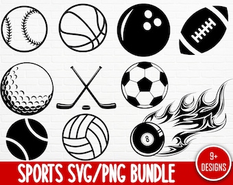 Paquete SVG PNG de pelotas deportivas: béisbol, fútbol americano y baloncesto (descarga digital)