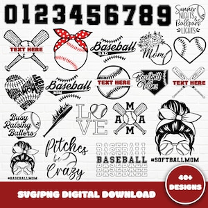 May include: A digital download of 40+ baseball-themed designs. The designs include baseballs, bats, hearts, and text. The text includes "Baseball Mom", "Baseball Dad", "Baseball Vibes", "Summer Nights Ballpark Lights", "Busy Raising Ballers", "Pitches Be Crazy", and "Text Here".