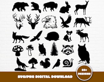 森の動物たち SVG バンドル: 森のシルエットデザイン (デジタルダウンロード)