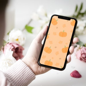 Phone Wallpaper, Cute Fall Bundle, Pumpkins and Leaves, Phone Backgrounds, Digital Backgrounds, Digital Download image 1