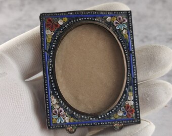 Antique Photo Frame Micro Mosaic Glass Inlay Multicolor Blue Floral Small H2.25" Handmade Italy Italian Late Victorian Early 20th Century