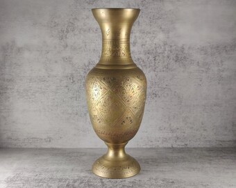 Vintage Brass Vase 12" Etched w Worn Multicolor Enamel and Pedestal Foot, Made in India, Mid Century Retro Boho Home Decor Accent, Unisex