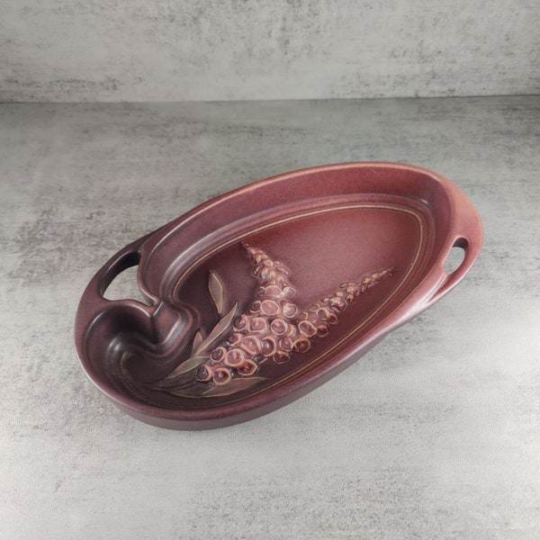 Vintage Roseville Pottery Foxglove Handled Tray #420-10 Red Rose Pink Brown 10.75in Made in the USA Circa 1942 Mid Century Unisex Gift Decor