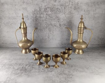 Vintage Brass Lot, 2 Atfaba Ewer Pitcher and 6 Little Footed Cups, Etched Brass Teapot Tea Coffee Water Oil, Retro Boho Eclectic Home Decor