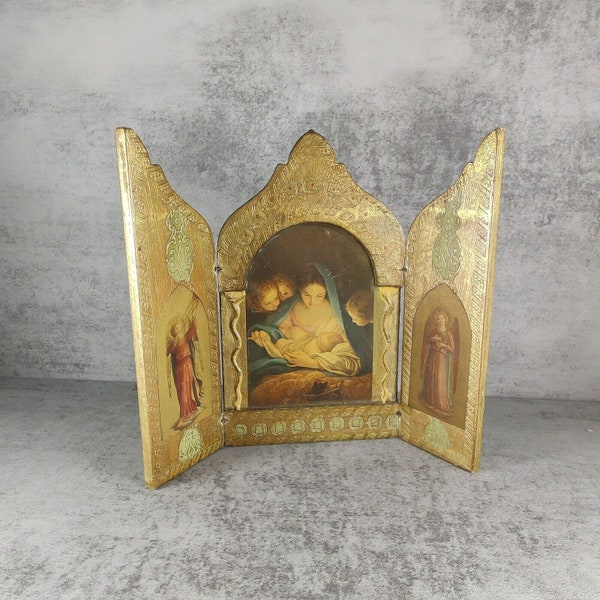 Vintage Italian Florentine Triptych Icon | Carlo Maratta "The Holy Night" | H7.625" Gold Wood Gilt Giltwood Tole Made in Italy Home Decor