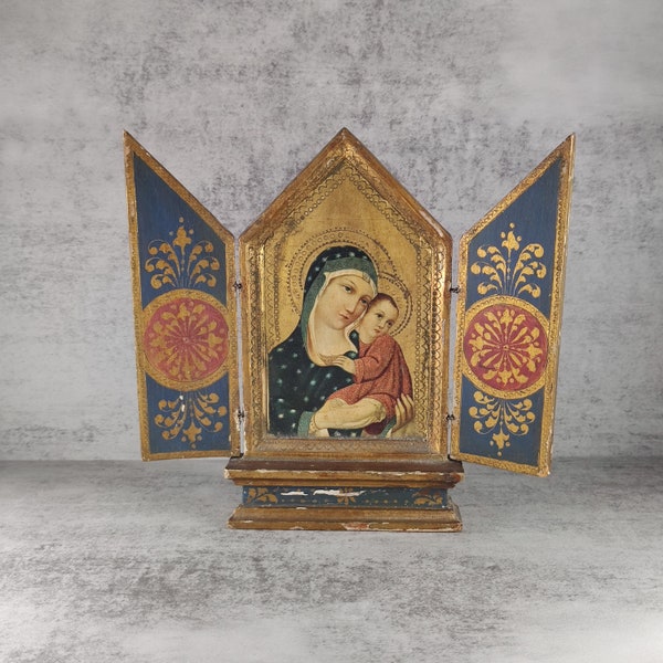 Vintage Italian Florentine Triptych Icon Altar Madonna Child Mary Jesus H9xW9.5" Giltwood Spiritual Made in Italy High Renaissance Revival