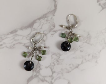 Dangle Cluster Earrings | Sterling 925 Leverback Black and Green Crystal & Faux Seed Pearl Artisan Made Handmade Vintage 1990s Gift for Her