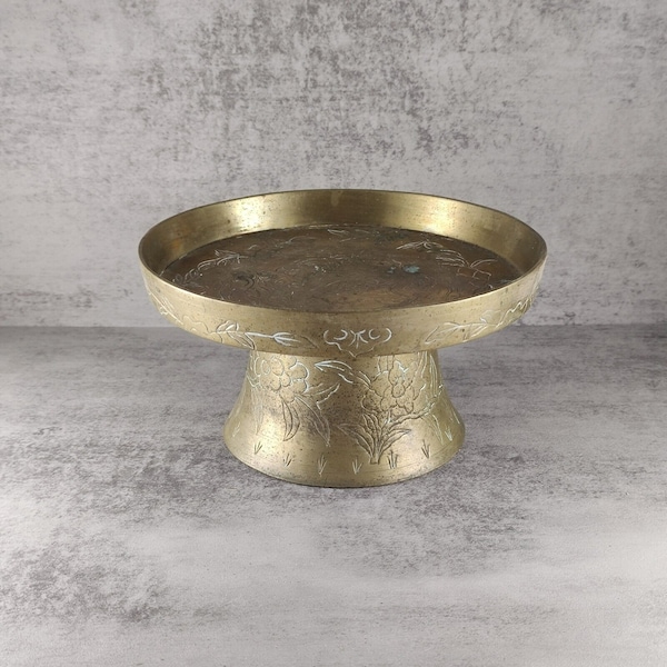 Vintage Brass Pedestal Dish Compote Tazza Centerpiece Altar Etched Footed Asian Dragon Motif H4xW8" Unisex Gift Home Decor Accent Metalware