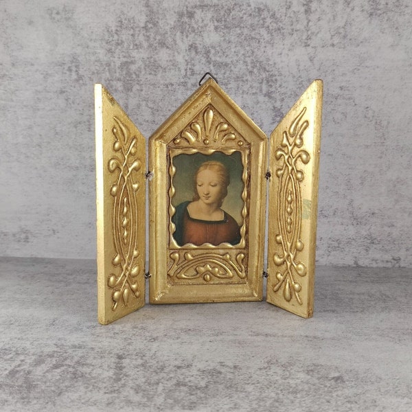 Vintage Italian Florentine Triptych Rafaello "Madonna Del Cardellino" Gold Gilt Wood Icon Religious Spiritual Italian High Renaissance Decor