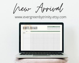 May include: A laptop computer displaying a printable habit tracker with the title "Habits Tracker" in green text. The laptop is on a pink stool.