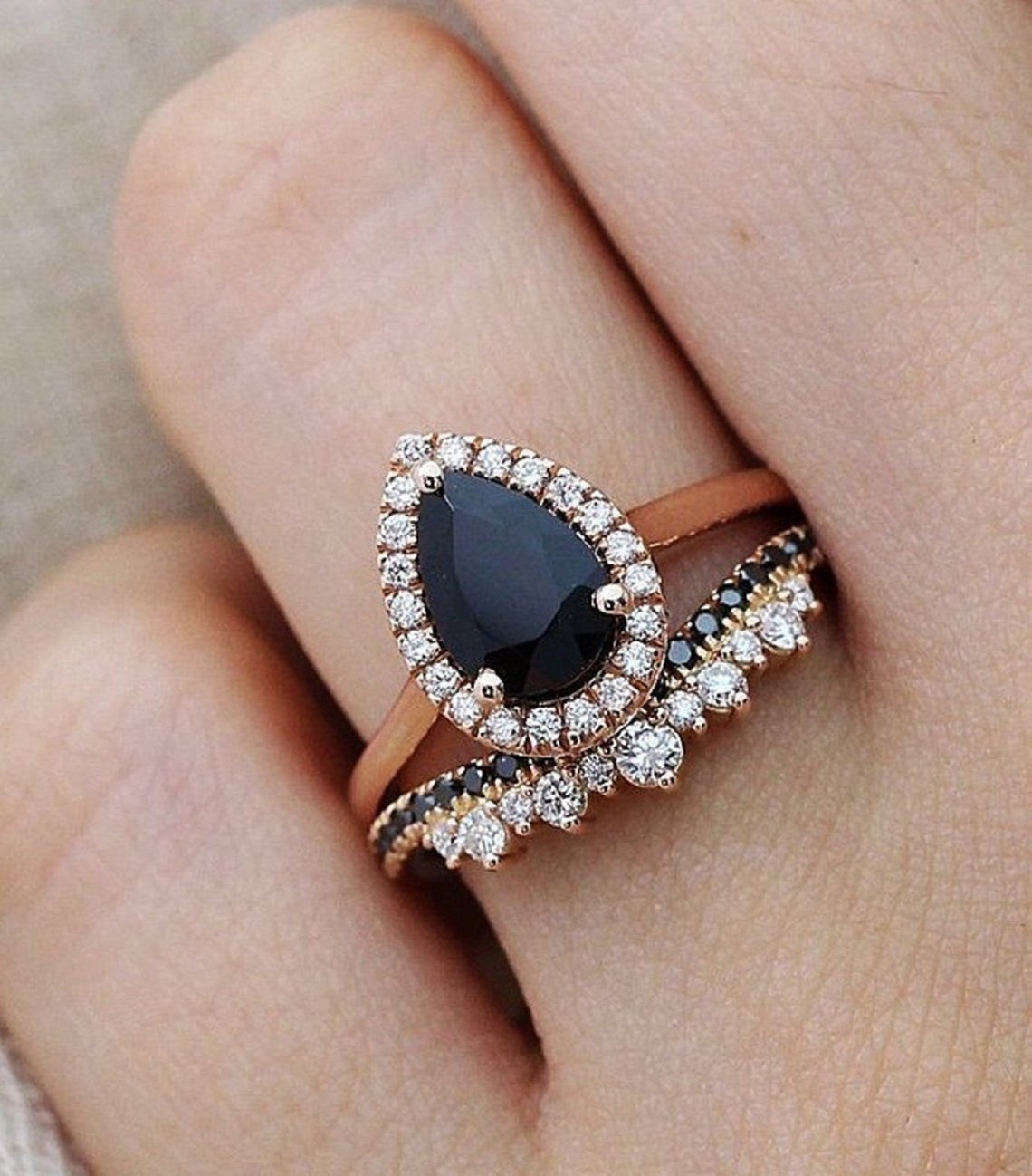 Black Sapphire Engagement Ring Set Rose Gold Finish Pear - Etsy UK