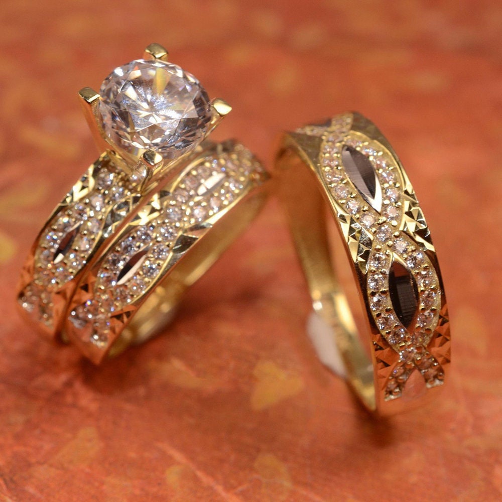 925 Sterling Silver 14K Yellow Gold Plated Cubic Zirconia Diamond Studded His & Her Trio Ring Set 925 Sterling Silver 14K Yellow Gold Plated Cubic Zirconia Diamond Studded His & Her Trio Ring Set