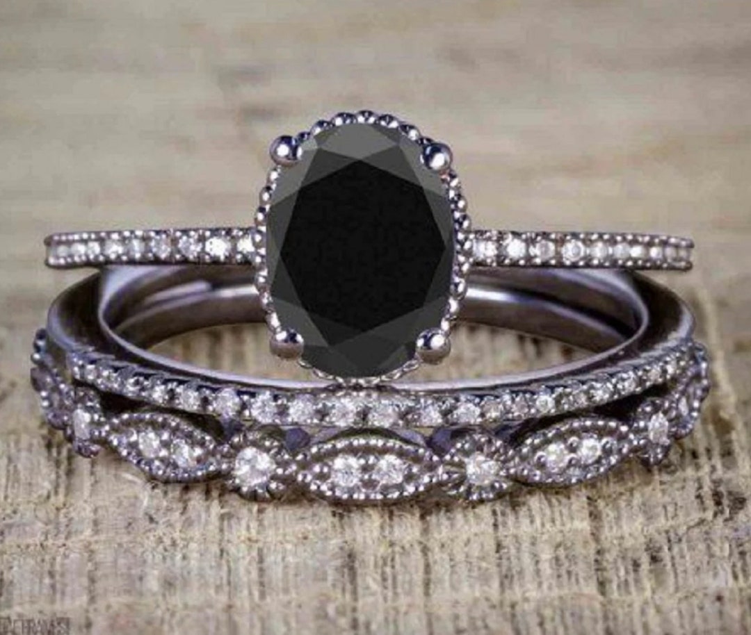 Oval Shape Engagement Ring Wedding Bridal Ring Set Black Etsy