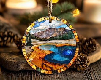 Yellowstone National Park Ornament, Faux Stained Glass Yellowstone Gift