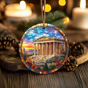 May include: A round, colorful, stained glass ornament featuring a detailed image of the Parthenon, a famous ancient Greek temple, set against a sunset sky. The ornament is perfect for adding a touch of history and culture to your holiday decor.