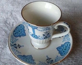 Vintage 1986 Avon European Tradition Cup & Saucer, blue and white Medici porcelain design, demitasse set