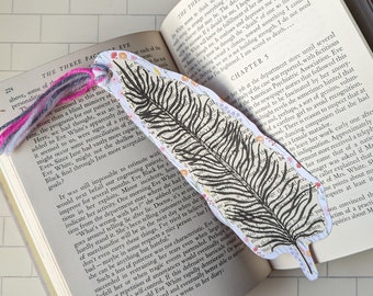 Feather altered book page jumbo bookmark, vintage book page with hand drawn feather bookmark with tassel