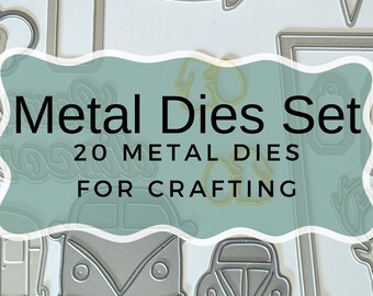 Metal dies de-stash, 20 die cutting shapes and pieces including clouds, airplane, camper, coffee cup, bunnies, and more