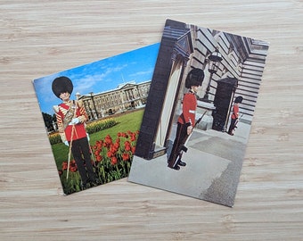 Pair of vintage Irish and British Grenadier guards at Buckingham Palace postcards, London souvenirs