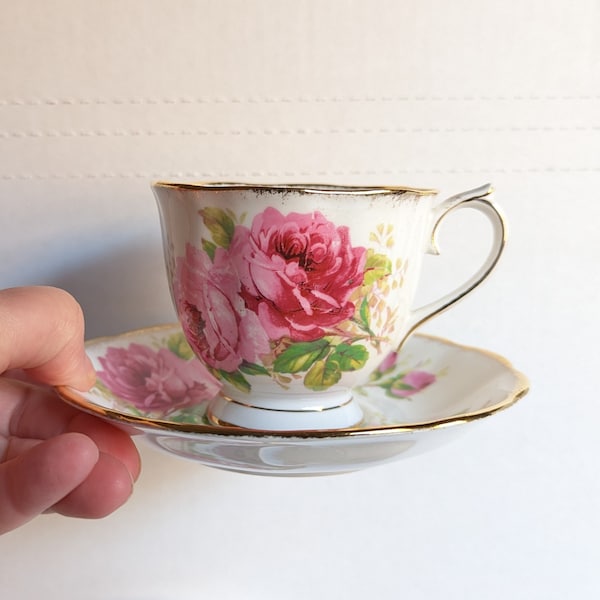 Vintage Royal Albert American Beauty tea cup and saucer, American Beauty roses and gold, bone china, price is per individual cup and saucer