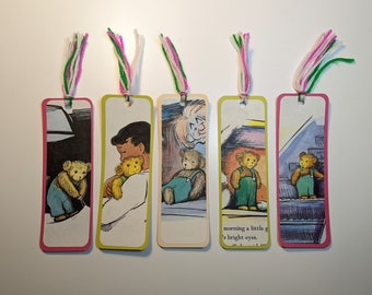 Upcycled Corduroy bookmarks, set of 5, colorful handmade bookmarks with floral backs and yarn tassels