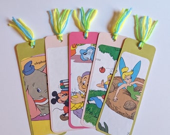 Choice of ONE upcycled Disney bookmark, colorful handmade bookmarks with floral backs and yarn tassels