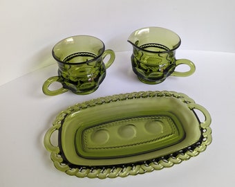 Vintage Indiana Glass Green Thumbprint Sugar & Creamer Set With Tray