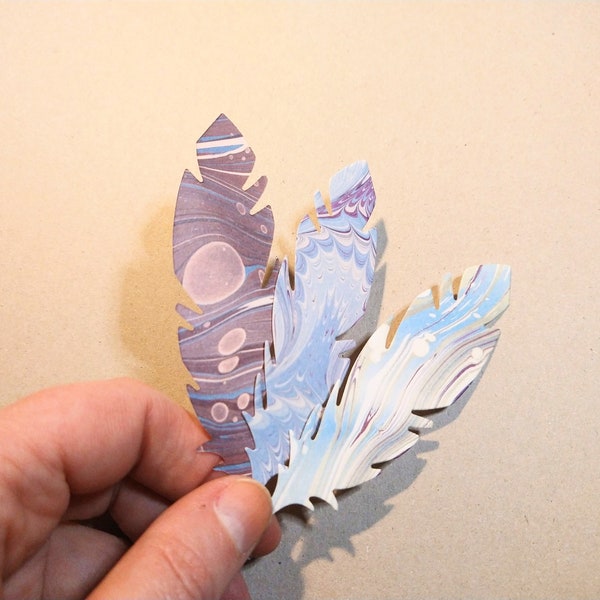 Set of 10 die cut marbled paper feathers ~*~ colors may vary slightly between sets