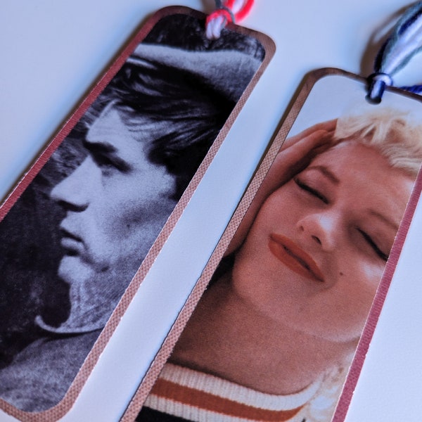 Handmade James Dean and Marilyn Monroe bookmark set with a faux vintage travel themed backside with yarn tassels