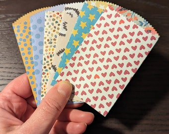 Fun patterns gift card sized envelopes, set of 6 mini envelopes with  hearts, stars, polka dots