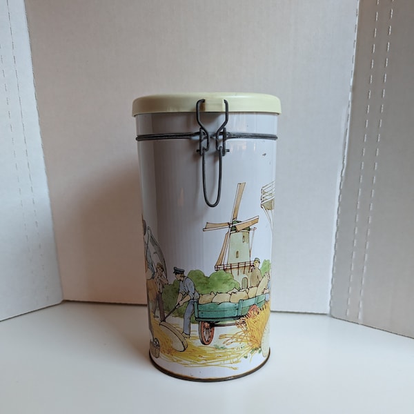 Vintage Dutch Bolletje tin with windmill pastoral scene, metal tin with plastic lid and metal latch