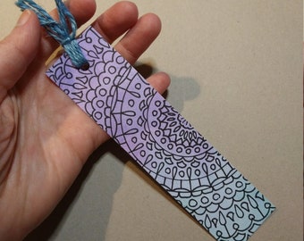 Handmade watercolor and pen mandala bookmark ~*~ watercolor paper with purples and blues ~*~ hand drawn mandala ~*~ blue twine