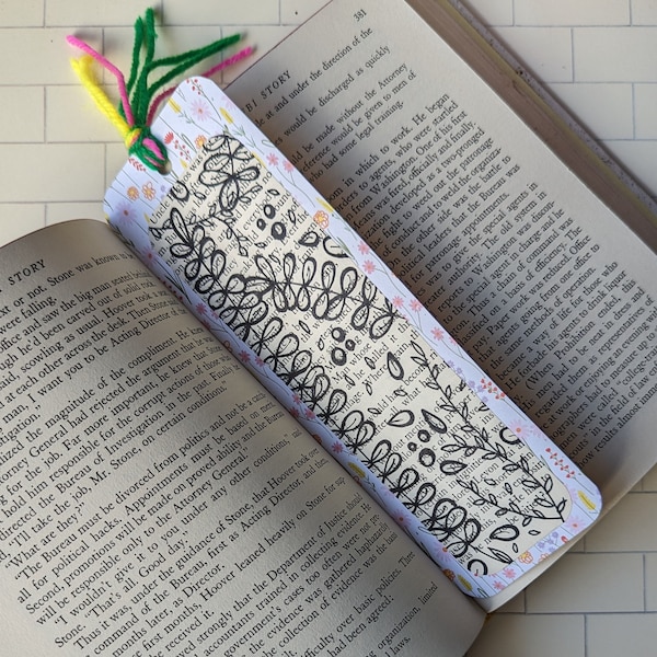 Botanical altered book page jumbo bookmark, vintage book page with hand drawn botanical patterns bookmark with tassel