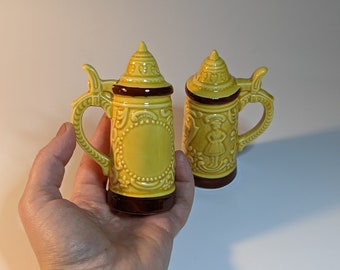 Vintage beer stein salt and pepper shakers, yellow and brown, Made in Japan