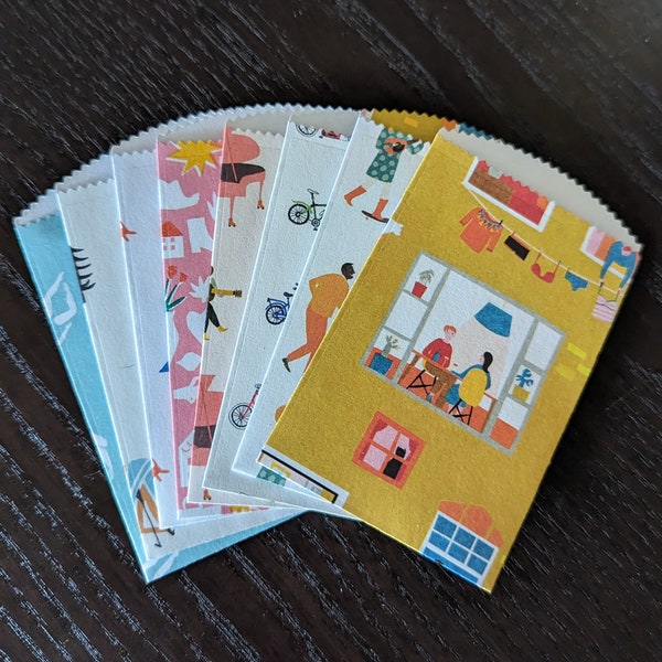 People focused gift card sized envelopes, set of 8, colorful mini envelopes, swimming bicycling camping and more